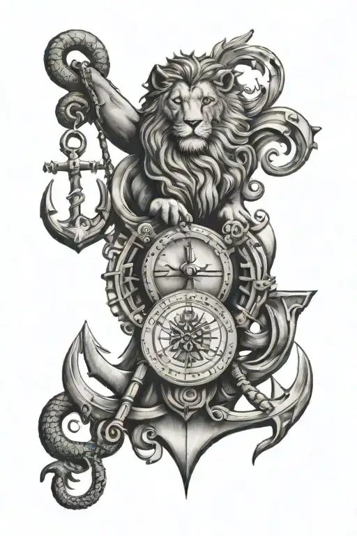lion, owl, anchor, and balanced scale balanced tattoo design idea