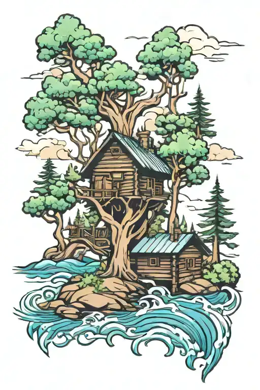 trees water cabin  tattoo design idea