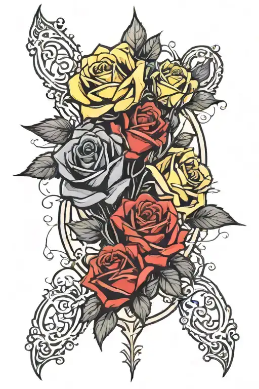 3 black roses, yellow roses, red roses in a row, on top of each other, symbol of brotherhood tattoo design idea