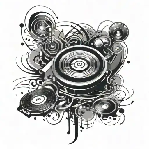 Design a tattoo of a DJ mixing music with abstract patterns that represent sound waves tattoo design idea