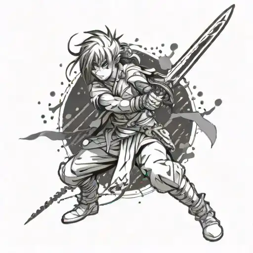 Create a tattoo featuring an anime character wielding a sword in a dynamic and action-packed pose tattoo design idea