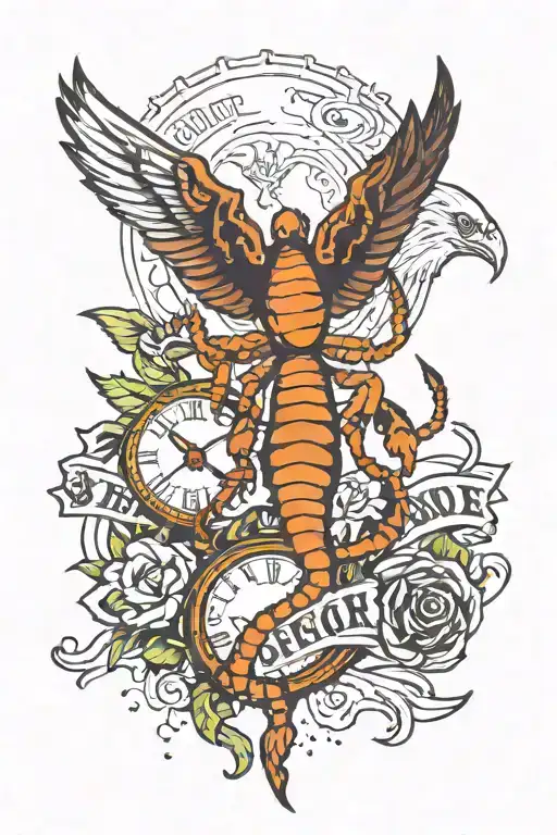 the evolution of a Scorpio as time progresses from the Scorpion as a baby to an Eagle soaring to the phoenix 🐦‍🔥  tattoo design idea