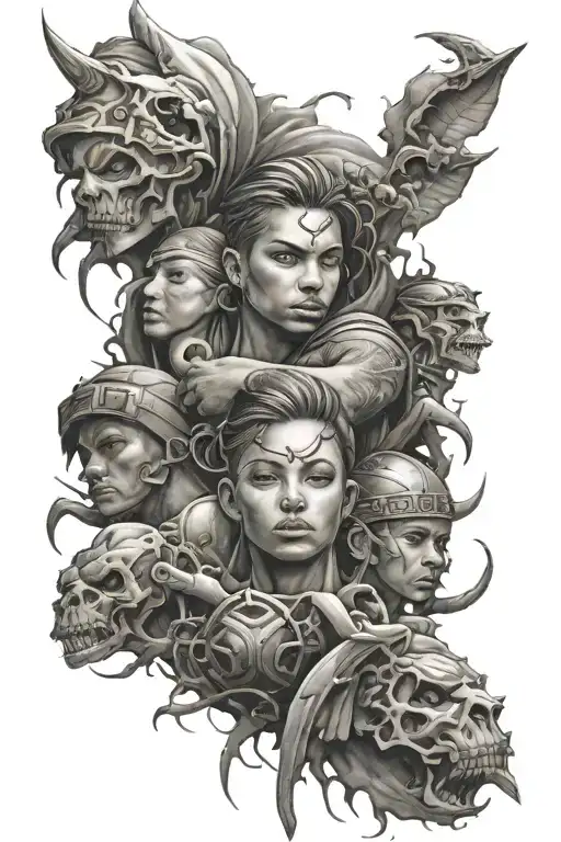 representing three kids, half sleeve, shading and details,  represent strength through struggle tattoo design idea