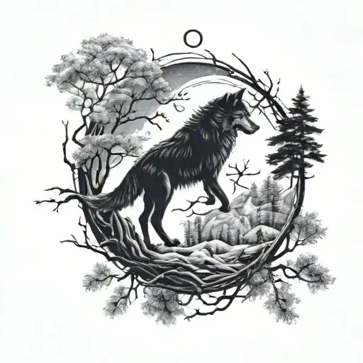 Yin Yang tattoo about balance between the white wolf and the black wolf with the moon and some trees  tattoo design idea