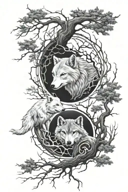 Yin Yang tattoo the white wolf vs the black wolf with the moon and some trees  tattoo design idea