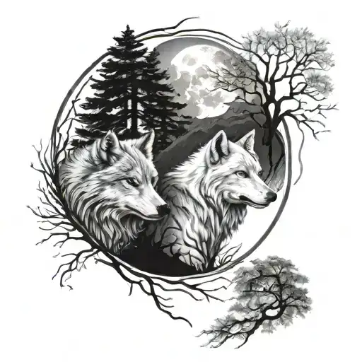 Yin Yang shape tattoo about balance between the white wolf and the black wolf with the moon and some trees  tattoo design idea