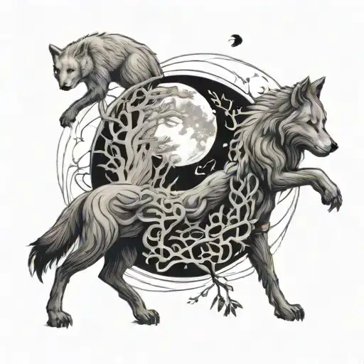 Yin Yang shape tattoo about balance between the white wolf and the black wolf with the moon and some trees  tattoo design idea