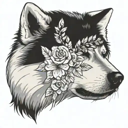 A white Alaskan Malamute wearing a flower crown tattoo design idea