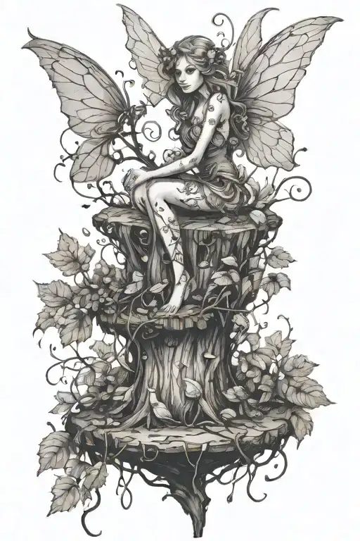 fairy on a stump covered in vines tattoo design idea