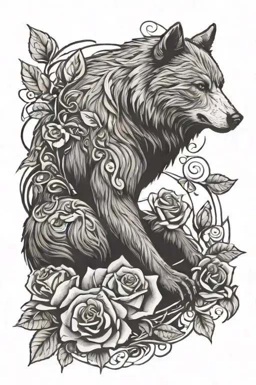  bear wolf bird surrounding rosebud centrally overlaid on top tattoo design idea