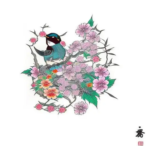 A traditional Japanese style tattoo of passaros (birds) surrounded by oriental flowers tattoo design idea
