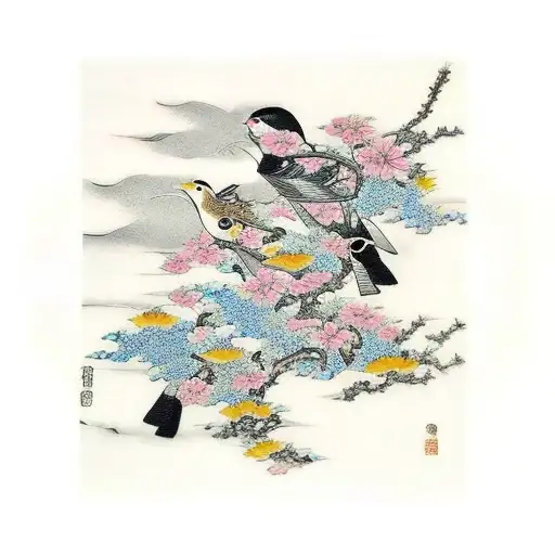 A traditional Japanese style tattoo of passaros (birds) surrounded by oriental flowers tattoo design idea