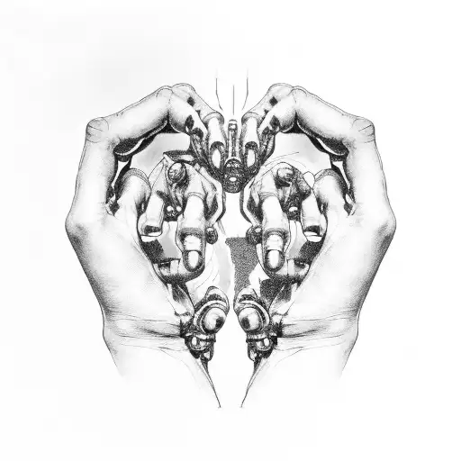 Michelangelo Creation Of Adam Hands Touching, where one hand is a hand of a robot tattoo design idea