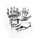 Michelangelo Creation Of Adam Hands Touching, where one hand is a hand of a robot tattoo design idea