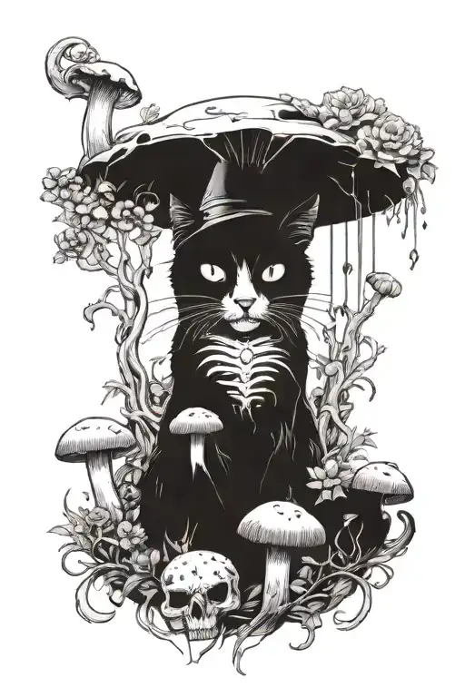 witchy cat skull surrounded by mushrooms growing tattoo design idea