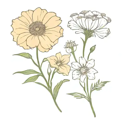 marigold and cosmos, lilly of the valley and hawthorn, honeysuckle, primrose and violet and morning glory flower  tattoo design idea