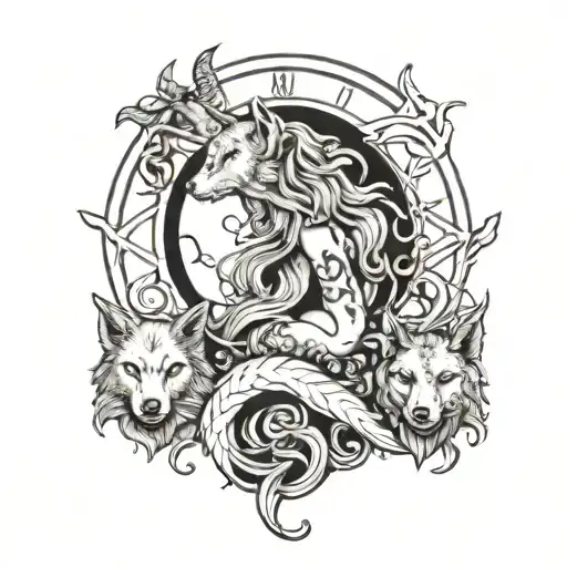 she-wolf or mermaid with two children full moon and spiritual symbol clairvoyance tattoo design idea