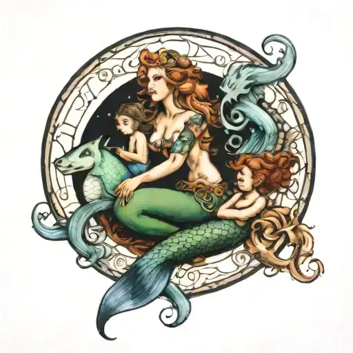 mermaid with two children Anthony and Anaelle wolf and full moon and spiritual symbol tattoo design idea