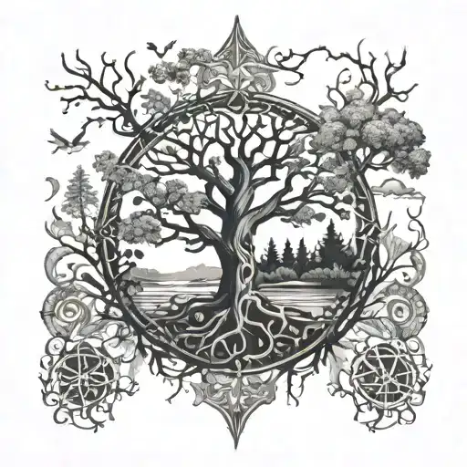 An intricate tattoo design combining elements of nature and spirituality, such as a serene forest scene with mystical symbols intertwined with branches and leaves tattoo design idea