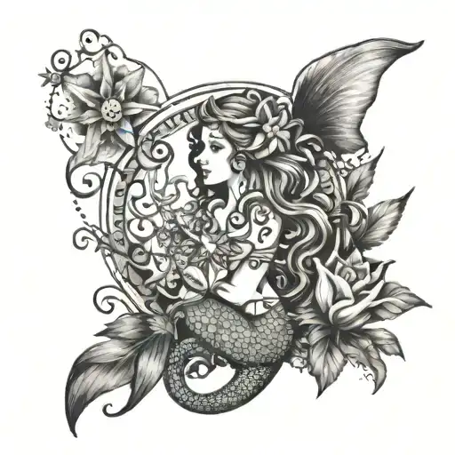 A whimsical tattoo featuring symbols of autism awareness and spirituality, such as a mermaid surrounded by mystical symbols and elements of nature, all in a dotwork style tattoo design idea