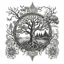 An intricate tattoo design combining elements of nature and spirituality, such as a serene forest scene with mystical symbols intertwined with branches and leaves tattoo design idea