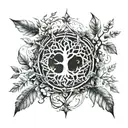 An intricate tattoo design combining elements of nature and spirituality, such as a serene forest scene with mystical symbols intertwined with branches and leaves tattoo design idea