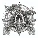 An intricate tattoo design combining elements of nature and spirituality, such as a serene forest scene with mystical symbols intertwined with branches and leaves tattoo design idea