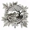 An intricate tattoo design combining elements of nature and spirituality, such as a serene forest scene with mystical symbols intertwined with branches and leaves tattoo design idea