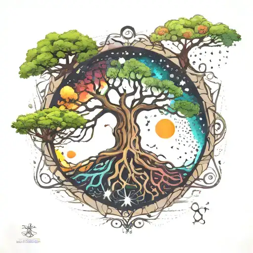 a tree of life but the trunk is created as an evolved DNA helix. colors on top depict cosmos. colors on bottom earth tattoo design idea