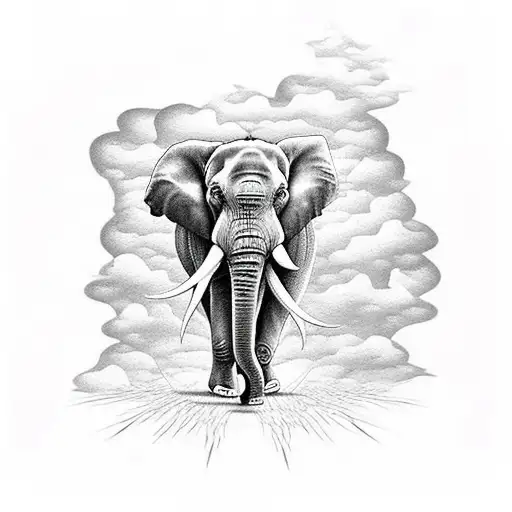 Elephant coming out of forest with sun shinning down with the words "I was your angel, now im your angel" in the clouds tattoo design idea