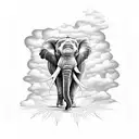 Elephant coming out of forest with sun shinning down with the words "I was your angel, now im your angel" in the clouds tattoo design idea