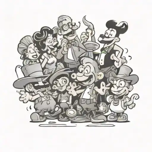 A whimsical tattoo featuring cartoon characters enjoying a party scene, with subtle references to the client's favorite movies tattoo design idea