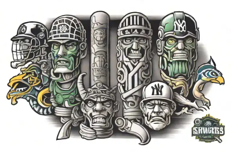 totem pole with new york  yankees, ottawa senators and green bay packers logos tattoo design idea
