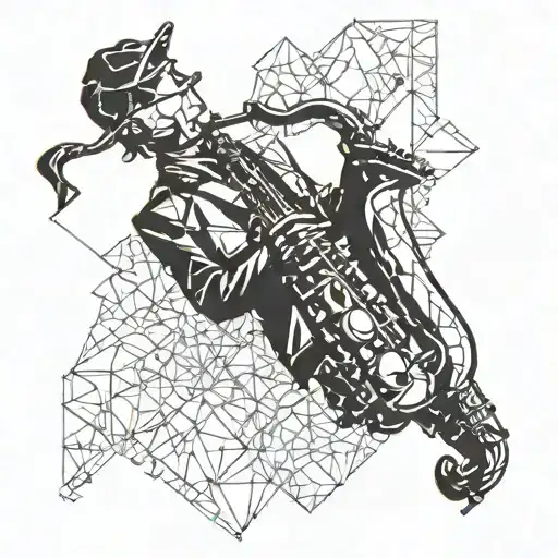 Incorporate the silhouette of a saxophone player into a geometric pattern tattoo design idea