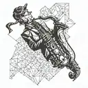 Incorporate the silhouette of a saxophone player into a geometric pattern tattoo design idea