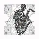 Incorporate the silhouette of a saxophone player into a geometric pattern tattoo design idea