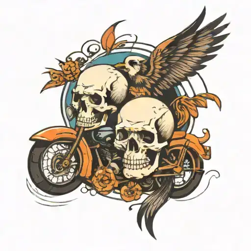 abstraction bike and skulls facing each other tattoo design idea