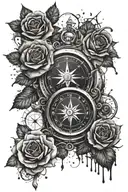 one antique compass surrounded by black roses and black ink splashes, realistic, sketch  tattoo design idea