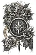 one antique compass surrounded by black roses and black ink splashes, realistic, sketch  tattoo design idea