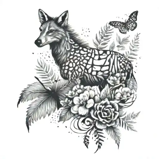  tattoo on the back with a moth, ferns, fireflies, a wolf a giraffe, a zebra, a A flying cut, A dagger, hydrangeas tattoo design idea