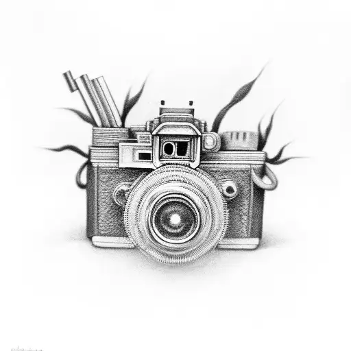 Create a detailed black and grey tattoo of a camera surrounded by intricate insect illustrations tattoo design idea