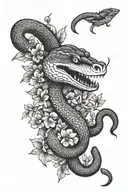a snake sticking out its fangs and tongue surrounded by flowers  tattoo design idea