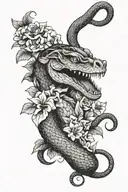 a snake sticking out its fangs and tongue surrounded by flowers  tattoo design idea