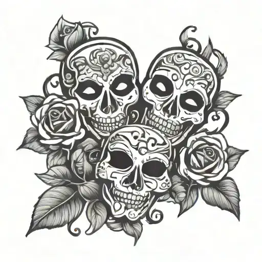 Comedy tragedy masks and a long stem rose surrounded tattoo design idea