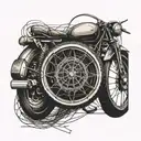 A spider weaving a web around a motorcycle wheel tattoo design idea