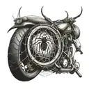 A spider weaving a web around a motorcycle wheel tattoo design idea