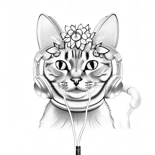 A black-grey tattoo of a cat wearing headphones and surrounded by musical notes and flowers tattoo design idea