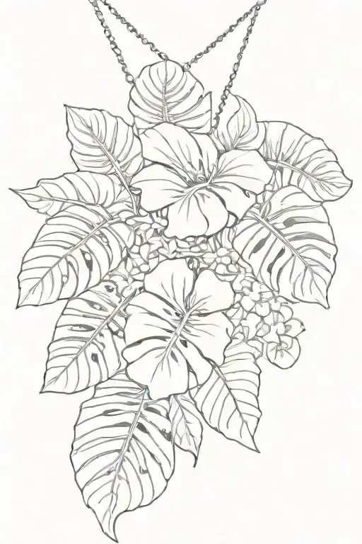tropical lei-style necklace with monstera deliciosa  leaf, tomato plant leaf and jasmin flower tattoo design idea