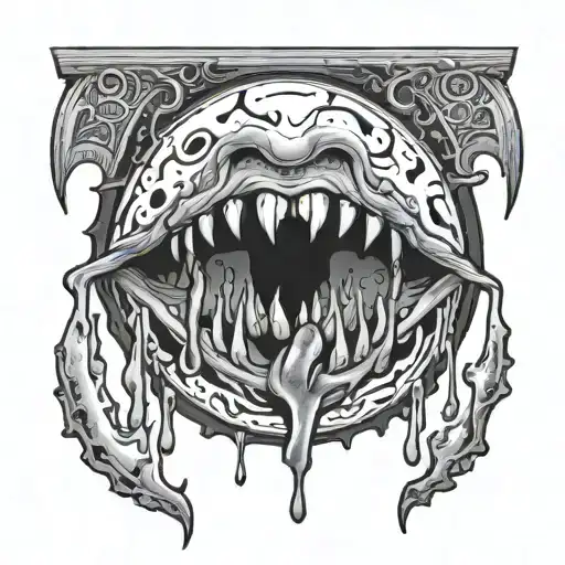 quarter moon with face and teeth with blood dripping tattoo design idea