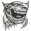 quarter moon with face and teeth with blood dripping tattoo design idea